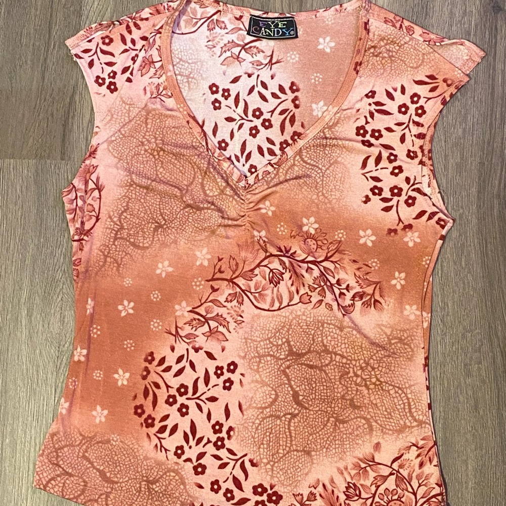 Y2K Pink Peach Floral Ruched V Neck Flutter Split Sleeve Shirt - Picture 4 of 5